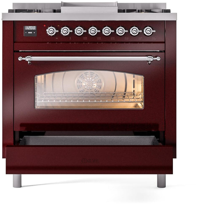 ILVE Nostalgie II 36" Dual Fuel Propane Gas Range in Burgundy with Chrome Trim, UP36FNMPBUCLP