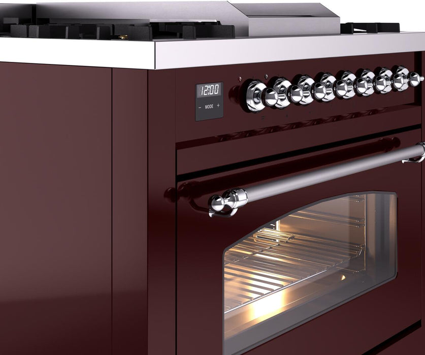 ILVE Nostalgie II 36" Dual Fuel Propane Gas Range in Burgundy with Chrome Trim, UP36FNMPBUCLP