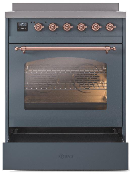 ILVE Nostalgie II 30" Induction Range with Element Stove and Electric Oven in Blue Grey with Copper Trim, UPI304NMPBGP