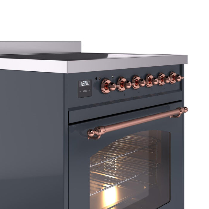 ILVE Nostalgie II 30" Induction Range with Element Stove and Electric Oven in Blue Grey with Copper Trim, UPI304NMPBGP