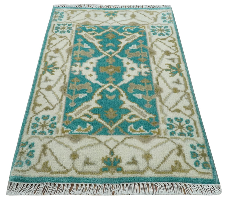 Entryway 2x3 Blue and Ivory Hand Knotted Oriental Oushak  Wool Area Rug