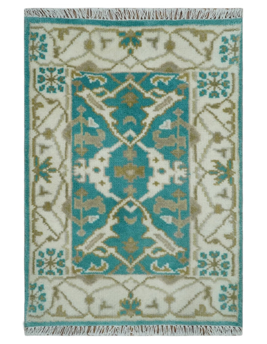 Entryway 2x3 Blue and Ivory Hand Knotted Oriental Oushak  Wool Area Rug