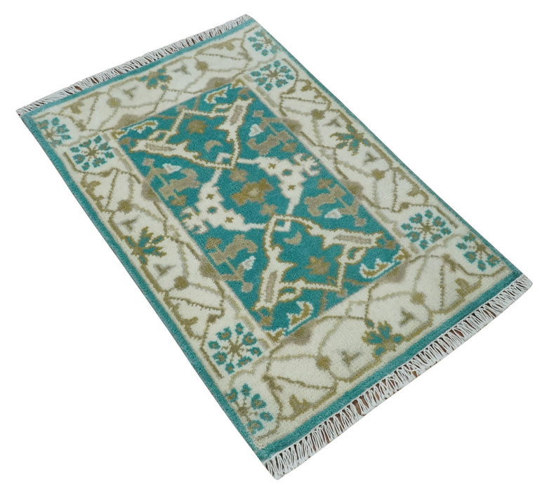 Entryway 2x3 Blue and Ivory Hand Knotted Oriental Oushak  Wool Area Rug