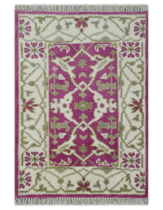 Entryway 2x3 Pink and Ivory Hand Knotted Oriental Oushak  Wool Area Rug