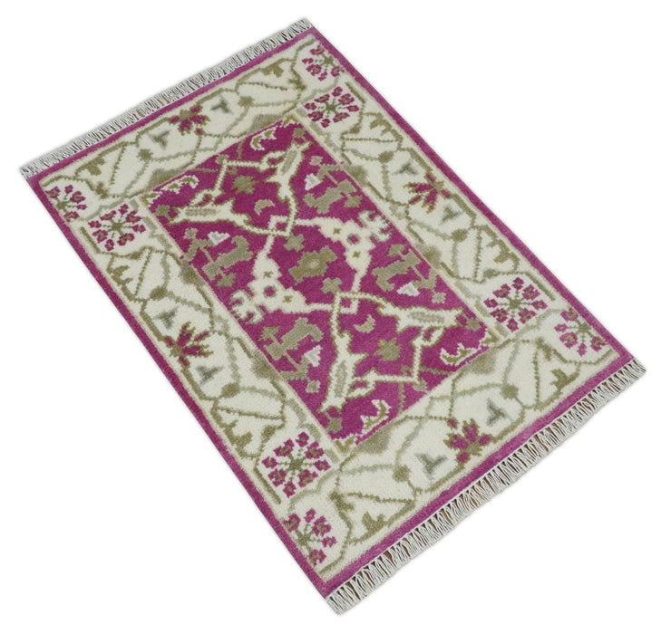Entryway 2x3 Pink and Ivory Hand Knotted Oriental Oushak  Wool Area Rug