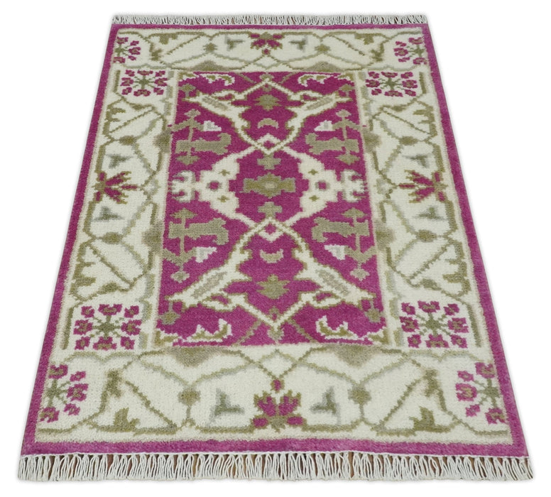 Entryway 2x3 Pink and Ivory Hand Knotted Oriental Oushak  Wool Area Rug