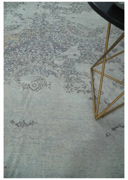 Erased Abstract 8x10 Silver, Blue and Brown Antique Style, Traditional Low Pile Hand Knotted Wool Rug