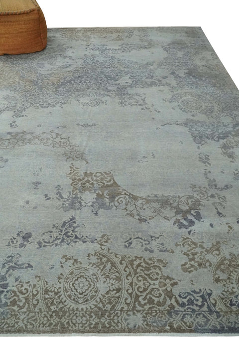 Erased Abstract 8x10 Silver, Blue and Brown Antique Style, Traditional Low Pile Hand Knotted Wool Rug