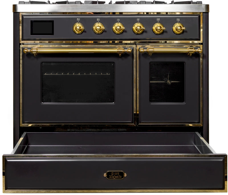 ILVE Majestic II 40" Dual Fuel Propane Gas Range in Matte Graphite with Brass Trim, UMD10FDNS3MGGLP