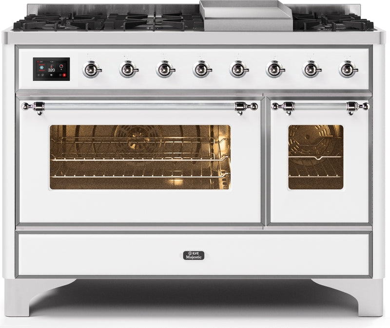 ILVE Majestic II 48" Dual Fuel Propane Gas Range in White with Chrome Trim, UM12FDNS3WHCLP