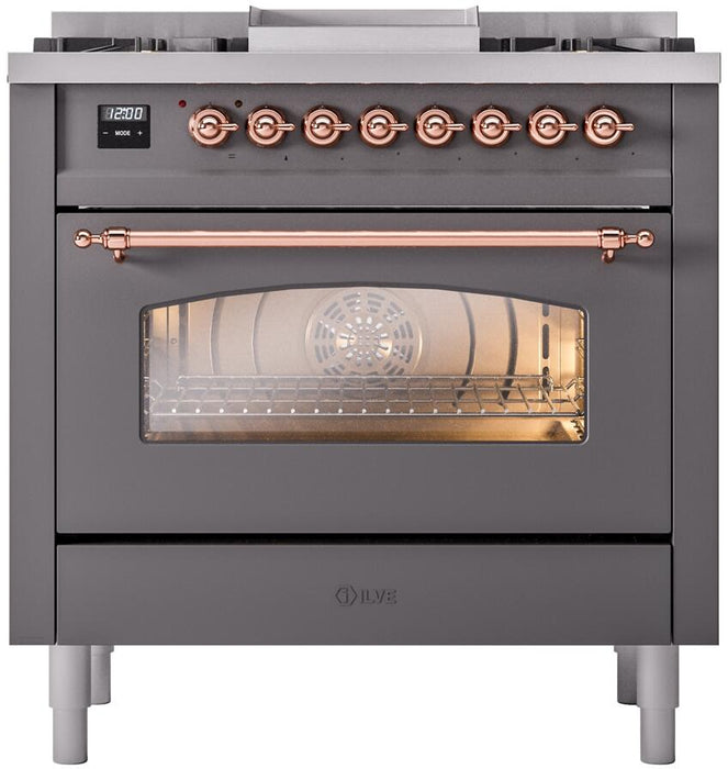 ILVE Nostalgie II 36" Dual Fuel Natural Gas Range in Matte Graphite with Copper Trim, UP36FNMPMGP