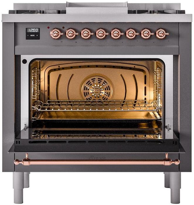 ILVE Nostalgie II 36" Dual Fuel Natural Gas Range in Matte Graphite with Copper Trim, UP36FNMPMGP