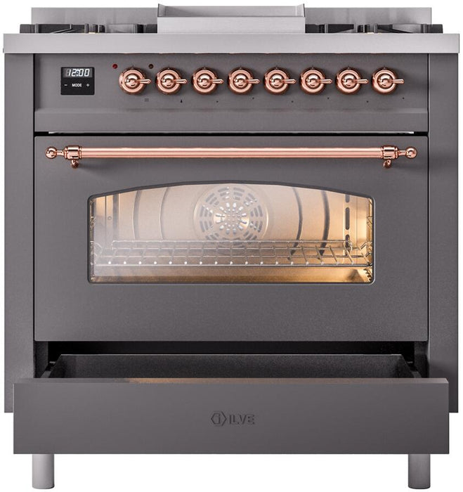 ILVE Nostalgie II 36" Dual Fuel Natural Gas Range in Matte Graphite with Copper Trim, UP36FNMPMGP