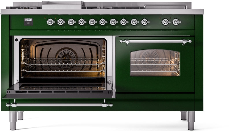 ILVE Nostalgie II 60" Dual Fuel Propane Gas Range in Emerald Green with Chrome Trim, UP60FSNMPEGCLP