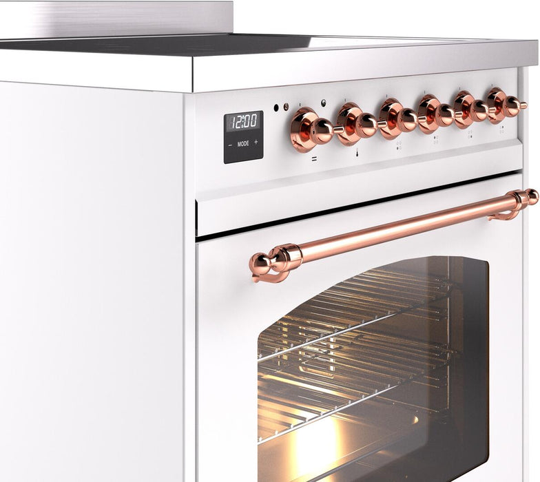 ILVE Nostalgie II 30" Induction Range with Element Stove and Electric Oven in White with Copper Trim, UPI304NMPWHP