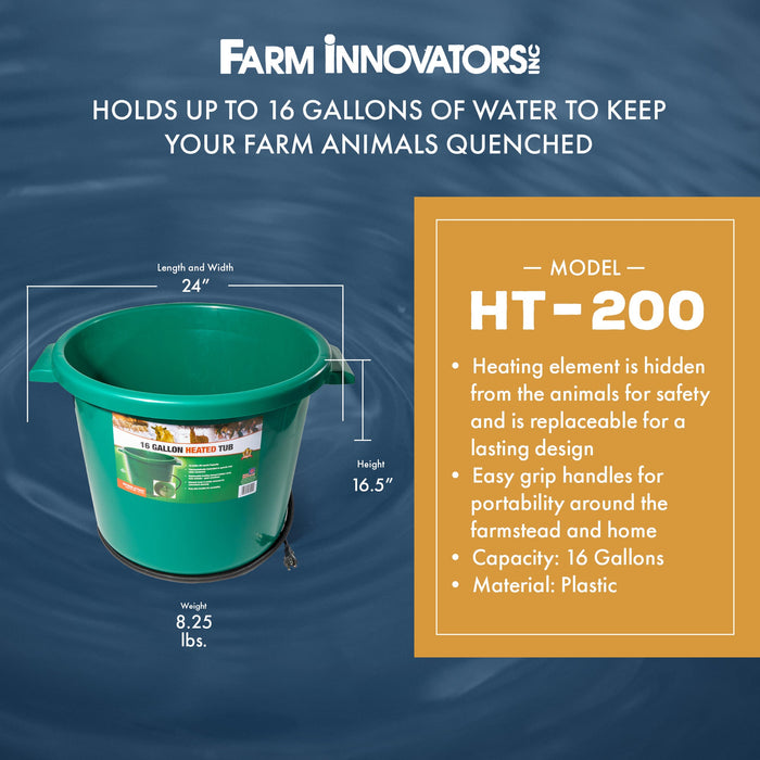 Farm Innovators Heated Bucket, Livestock Water Bowl w/Heating Element, 16 Gallon