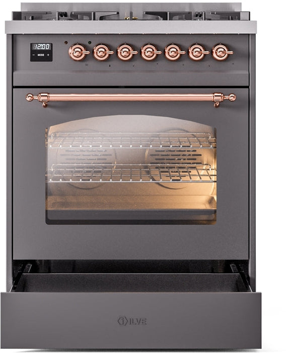 ILVE Nostalgie II 30" Dual Fuel Natural Gas Range in Matte Graphite with Copper Trim, UP30NMPMGP