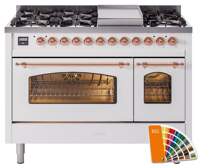 ILVE Nostalgie II 48" Dual Fuel Natural Gas Range in RAL Custom Color with Copper Trim, UP48FNMPRAP