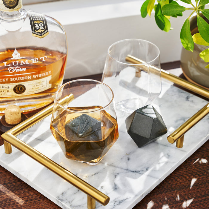 Seneca Faceted Crystal Tumbler and Basalt Hexagon Stone Set