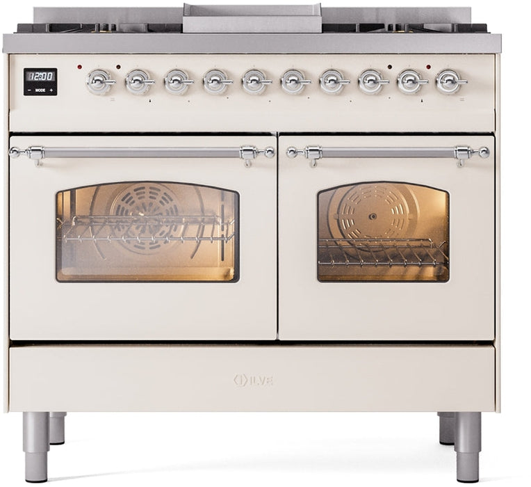 ILVE Nostalgie II 40" Dual Fuel Propane Gas Range in Antique White with Chrome Trim, UPD40FNMPAWCLP