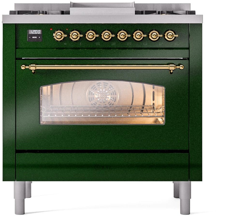 ILVE Nostalgie II 36" Dual Fuel Natural Gas Range in Emerald Green with Brass Trim, UP36FNMPEGG