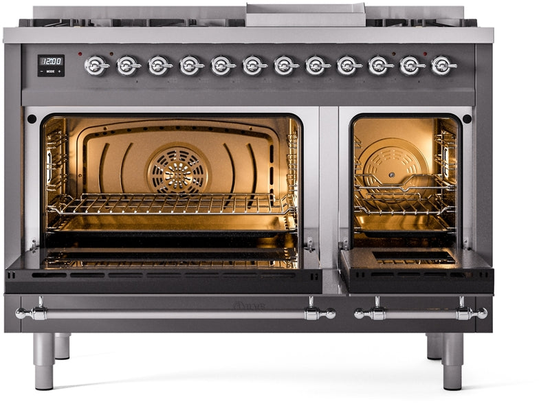 ILVE Nostalgie II 48" Dual Fuel Natural Gas Range in Matte Graphite with Chrome Trim, UP48FNMPMGC