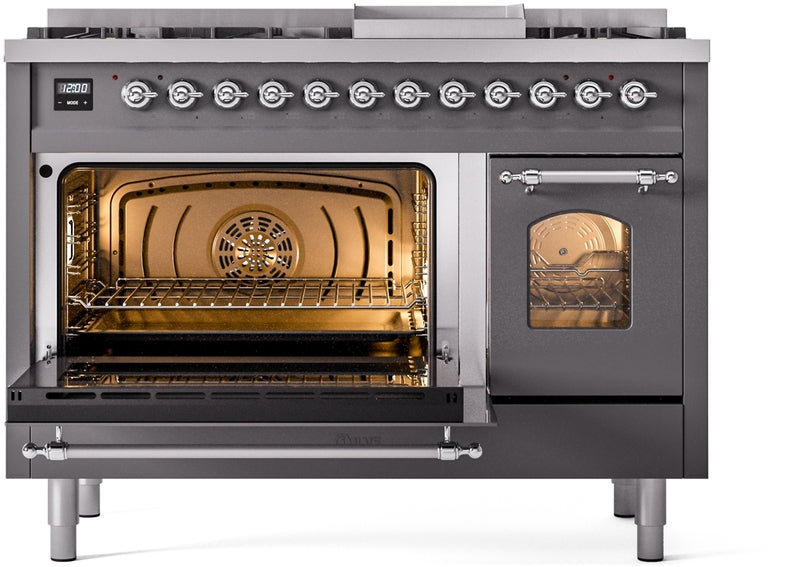 ILVE Nostalgie II 48" Dual Fuel Natural Gas Range in Matte Graphite with Chrome Trim, UP48FNMPMGC