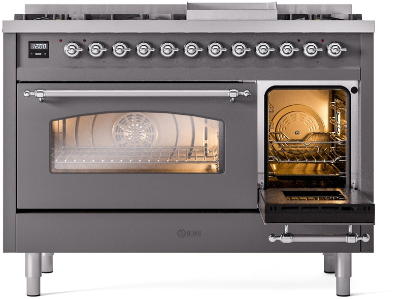 ILVE Nostalgie II 48" Dual Fuel Natural Gas Range in Matte Graphite with Chrome Trim, UP48FNMPMGC