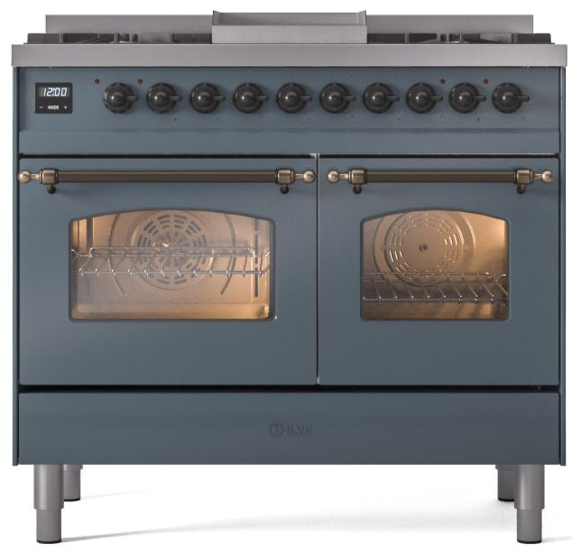 ILVE Nostalgie II 40" Dual Fuel Natural Gas Range in Blue Grey with Bronze Trim, UPD40FNMPBGB