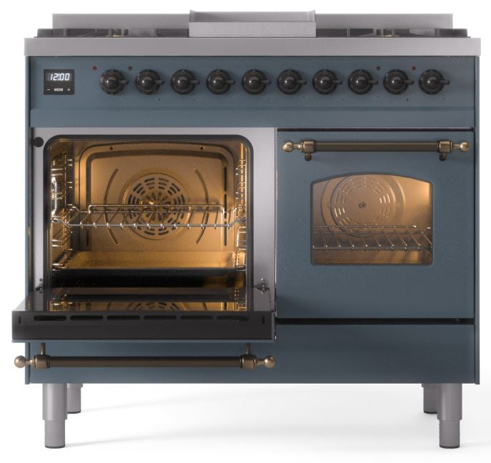 ILVE Nostalgie II 40" Dual Fuel Natural Gas Range in Blue Grey with Bronze Trim, UPD40FNMPBGB