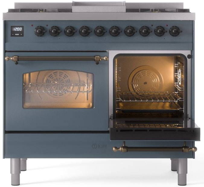 ILVE Nostalgie II 40" Dual Fuel Natural Gas Range in Blue Grey with Bronze Trim, UPD40FNMPBGB