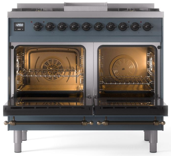 ILVE Nostalgie II 40" Dual Fuel Natural Gas Range in Blue Grey with Bronze Trim, UPD40FNMPBGB