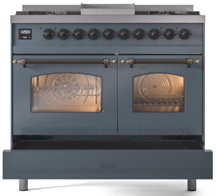 ILVE Nostalgie II 40" Dual Fuel Natural Gas Range in Blue Grey with Bronze Trim, UPD40FNMPBGB