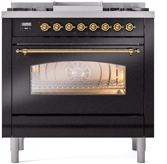 ILVE Nostalgie II 36" Dual Fuel Propane Gas Range in Glossy Black with Brass Trim, UP36FNMPBKGLP