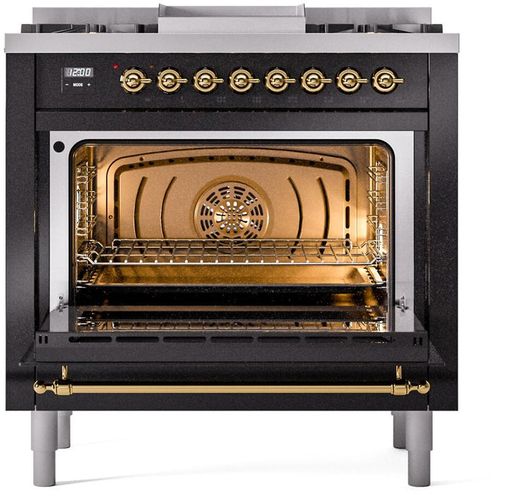 ILVE Nostalgie II 36" Dual Fuel Natural Gas Range in Glossy Black with Brass Trim, UP36FNMPBKG