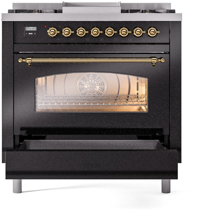 ILVE Nostalgie II 36" Dual Fuel Natural Gas Range in Glossy Black with Brass Trim, UP36FNMPBKG