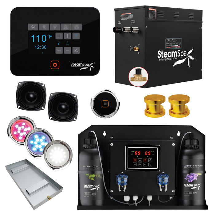 Black Series WiFi and Bluetooth 12kW QuickStart Steam Bath Generator Package with Dual Aroma Pump in Gold