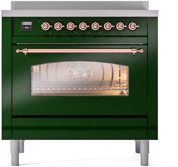 ILVE Nostalgie II 36" Induction Range with Element Stove and Electric Oven in Emerald Green with Copper Trim, UPI366NMPEGP