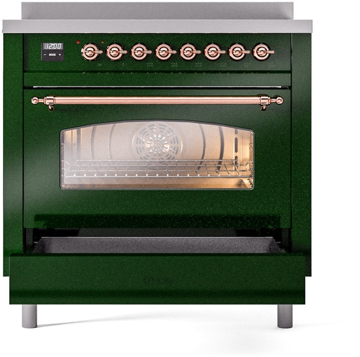 ILVE Nostalgie II 36" Induction Range with Element Stove and Electric Oven in Emerald Green with Copper Trim, UPI366NMPEGP