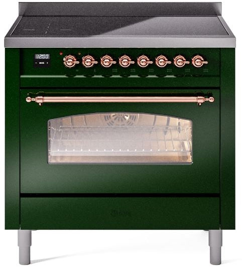 ILVE Nostalgie II 36" Induction Range with Element Stove and Electric Oven in Emerald Green with Copper Trim, UPI366NMPEGP