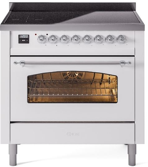 ILVE Nostalgie II 36" Induction Range with Element Stove and Electric Oven in White with Chrome Trim, UPI366NMPWHC