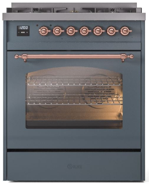 ILVE Nostalgie II 30" Dual Fuel Natural Gas Range in Blue Grey with Copper Trim, UP30NMPBGP