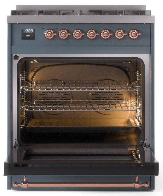 ILVE Nostalgie II 30" Dual Fuel Natural Gas Range in Blue Grey with Copper Trim, UP30NMPBGP