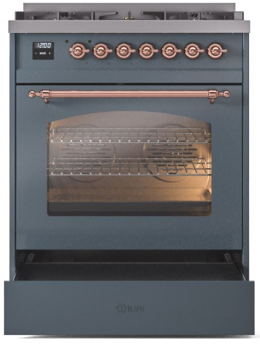 ILVE Nostalgie II 30" Dual Fuel Natural Gas Range in Blue Grey with Copper Trim, UP30NMPBGP