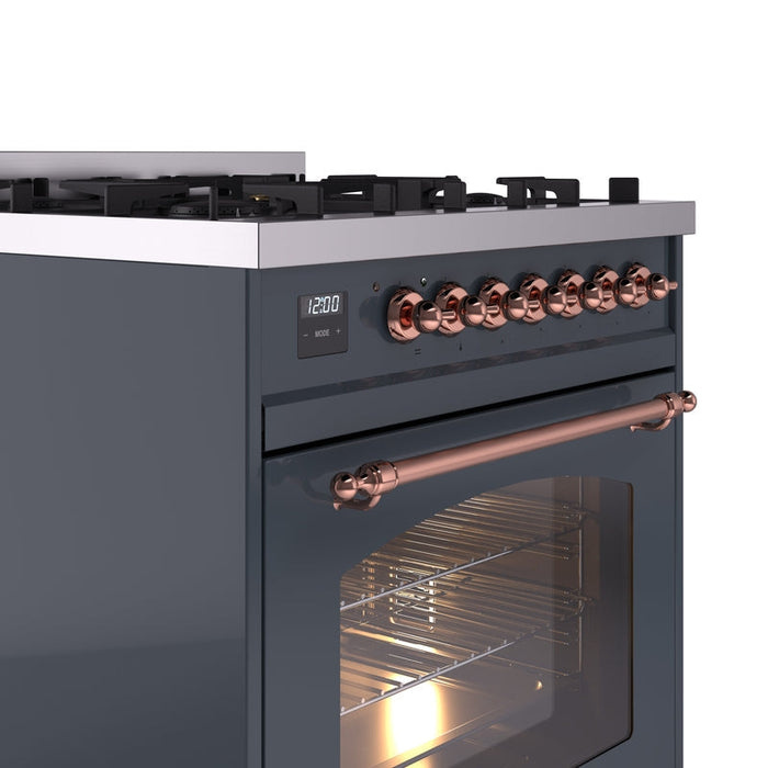 ILVE Nostalgie II 30" Dual Fuel Natural Gas Range in Blue Grey with Copper Trim, UP30NMPBGP