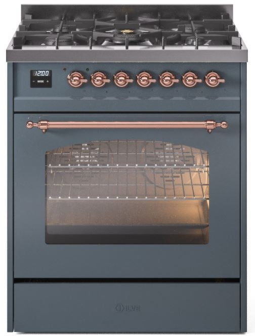 ILVE Nostalgie II 30" Dual Fuel Natural Gas Range in Blue Grey with Copper Trim, UP30NMPBGP