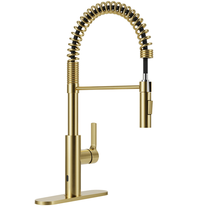 Ola Hands Free Touchless 1-Handle Pull-Down Sprayer Kitchen Faucet with Motion Sense and Fan Sprayer in Brushed Gold