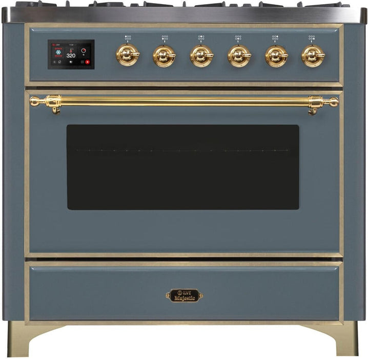 ILVE Majestic II 36" Dual Fuel Natural Gas Range in Blue Grey with Brass Trim, UM09FDNS3BGG