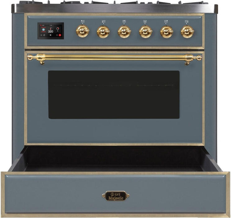 ILVE Majestic II 36" Dual Fuel Natural Gas Range in Blue Grey with Brass Trim, UM09FDNS3BGG