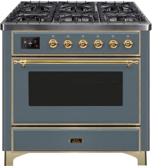 ILVE Majestic II 36" Dual Fuel Natural Gas Range in Blue Grey with Brass Trim, UM09FDNS3BGG